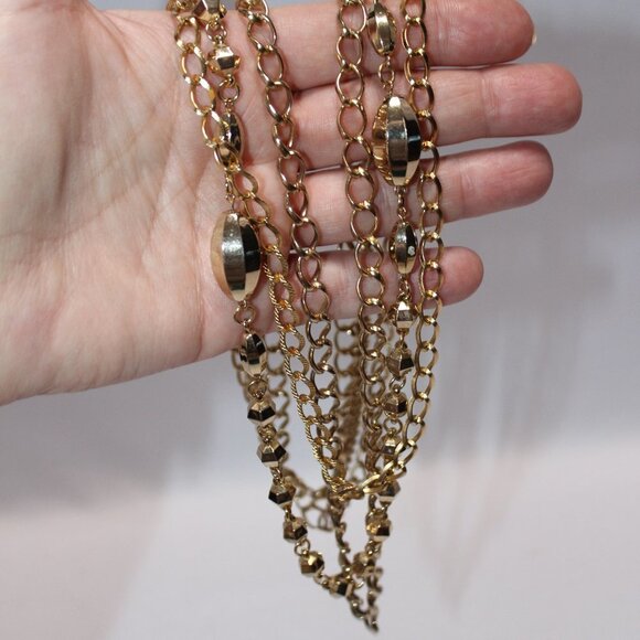 Vintage Gold Tone Tri-Strand Chain and Bead Necklace - Picture 8 of 9